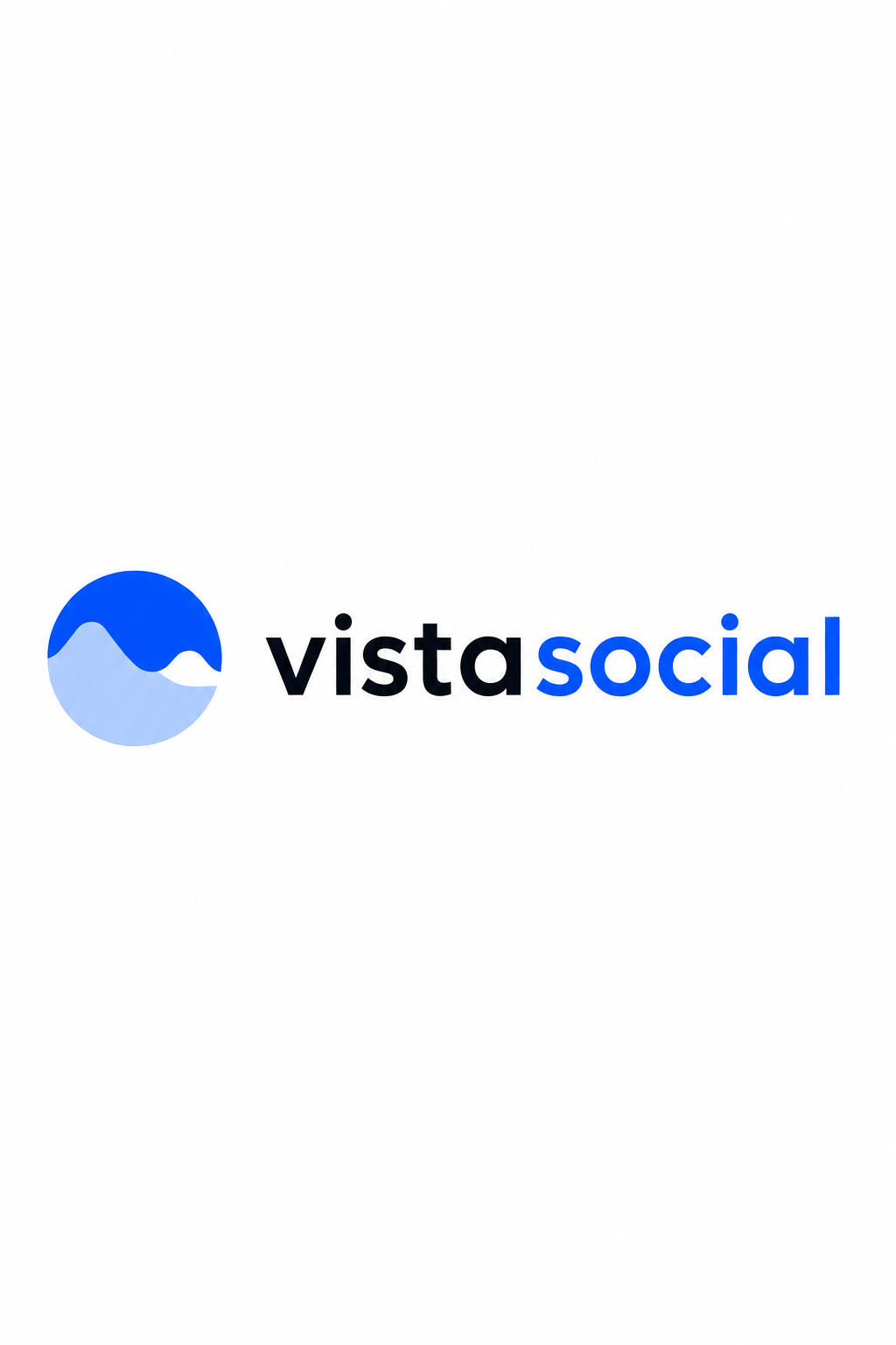 Blue and white VistaSocial logo with stylized wave icon and bold text on white background.
