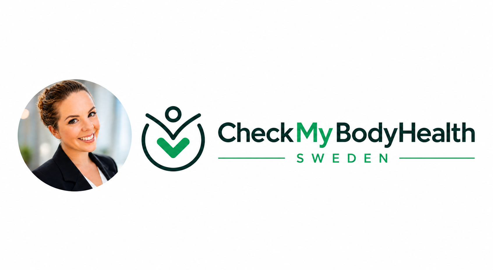Woman’s headshot beside CheckMyBodyHealth logo with green shield and checkmark on white background.